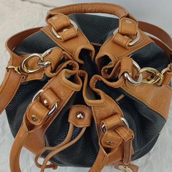 Cristina Italy real leather drawstring bucket bag with strap Black Brown - Picture 11 of 16